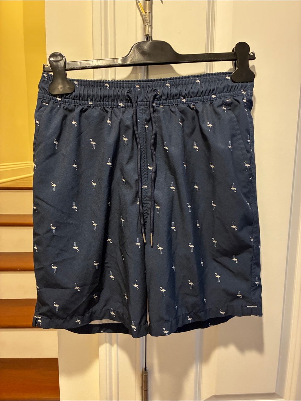 Goodfellow & Co Navy Swim Trunks with White Flamingo Print Men’s Sz SM